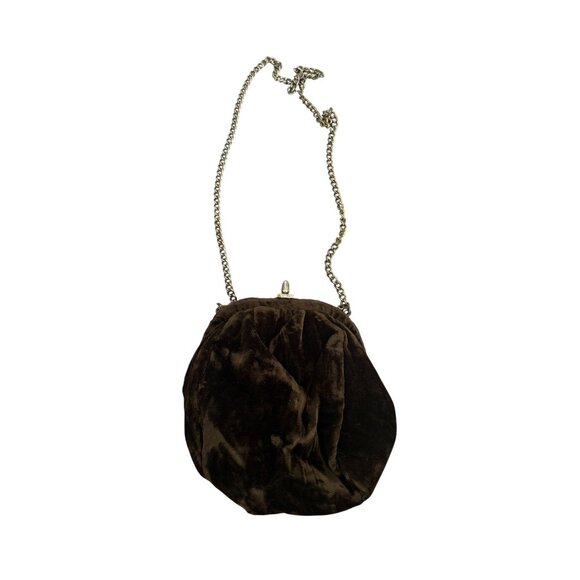 VINTAGE 1960'S Brown Velvet Kisslock Gold Chain Cocktail Bag - Picture 7 of 7